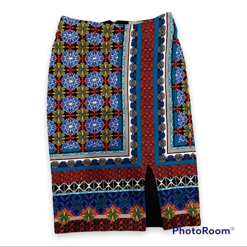 Anthropologie Tearoom Pencil Skirt Blue Motif by Maeve Sz XS